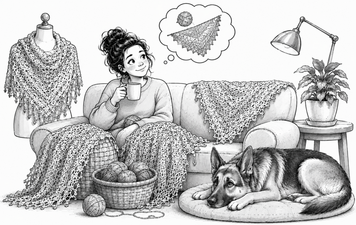 czarno biała ilustracja kobiety robiącej na szydełku.