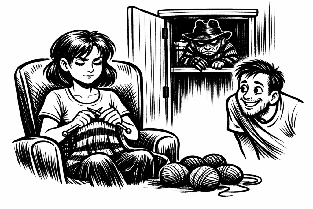 Czarno biała ilustracja kobiety robiącej na drutach, mężczyzny przyglądającej się jej oraz Fredie Crugerem spoglądającym z szafy
