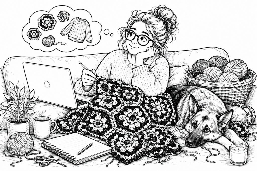 Czarno biała ilustracja kobiety robiącej na szydełku koc