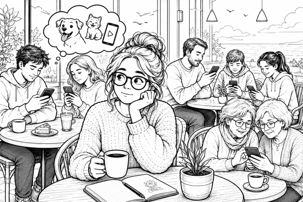 Czarno biała ilustracja przedstawiająca restaurację w której wszyscy wpatrują się w telefony