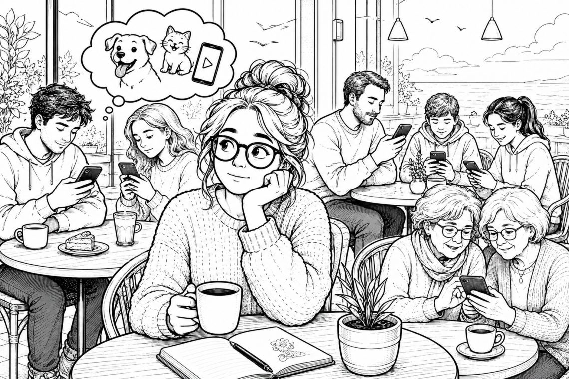Czarno biała ilustracja przedstawiająca restaurację w której wszyscy wpatrują się w telefony