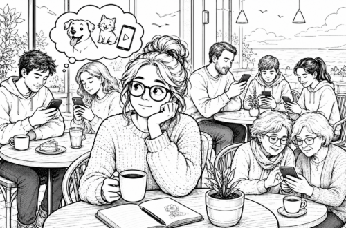Czarno biała ilustracja przedstawiająca restaurację w której wszyscy wpatrują się w telefony