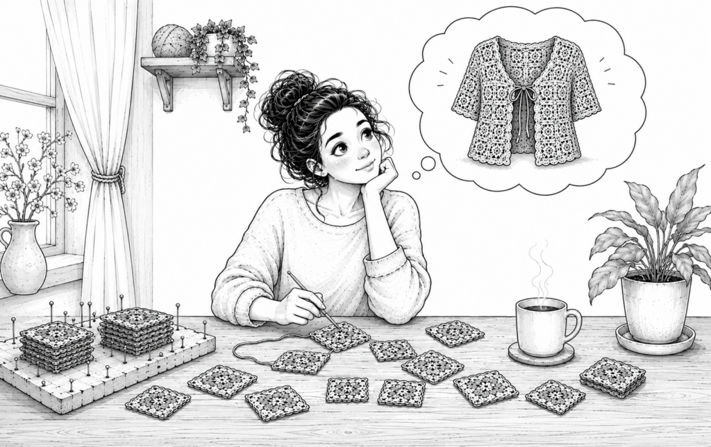 Czarno biała ilustracja kobiety robiącej na szydełku kwadraciki babuni.