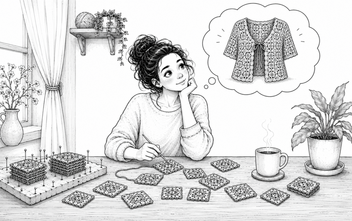 Czarno biała ilustracja kobiety robiącej na szydełku kwadraciki babuni.