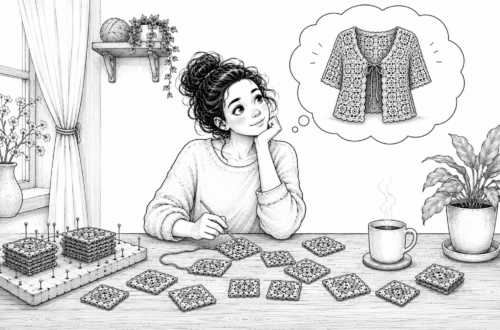 Czarno biała ilustracja kobiety robiącej na szydełku kwadraciki babuni.