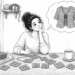 Czarno biała ilustracja kobiety robiącej na szydełku kwadraciki babuni.