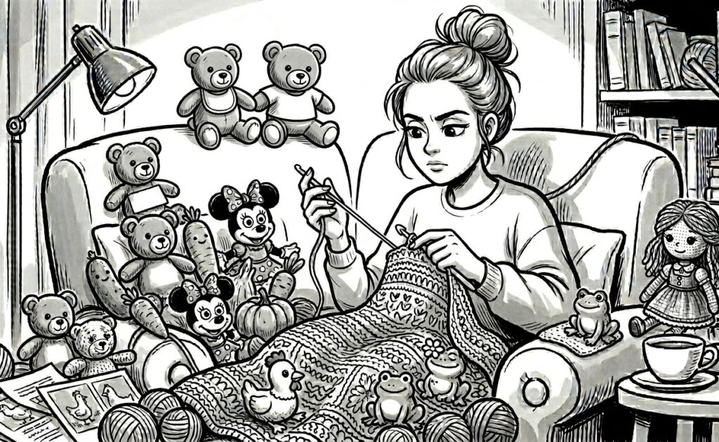 Czarno biała ilustracja kobiety robiącej na szydełku otoczonej pluszakami