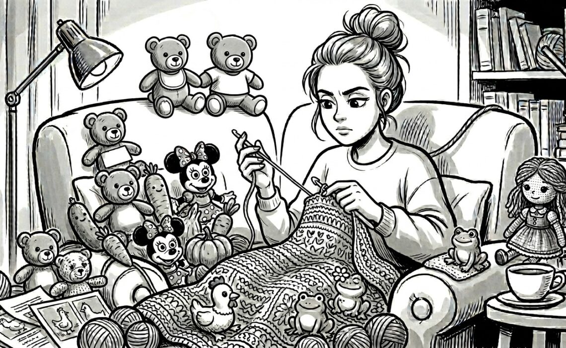 Czarno biała ilustracja kobiety robiącej na szydełku otoczonej pluszakami