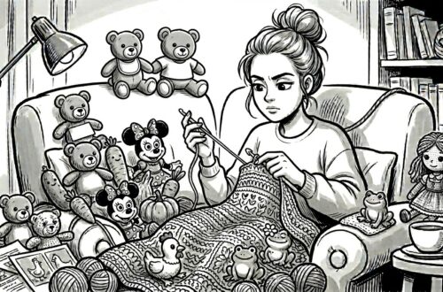 Czarno biała ilustracja kobiety robiącej na szydełku otoczonej pluszakami